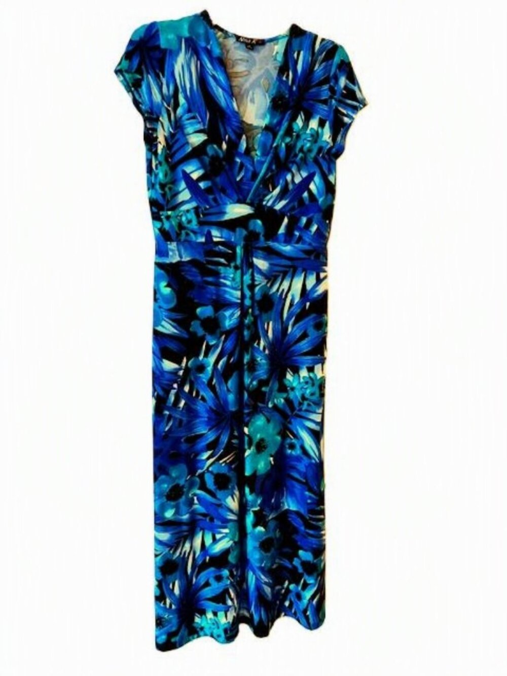 Canadian Made Nina K Blue, Black and Turquoise Floral Maxi Dress Petite Medium